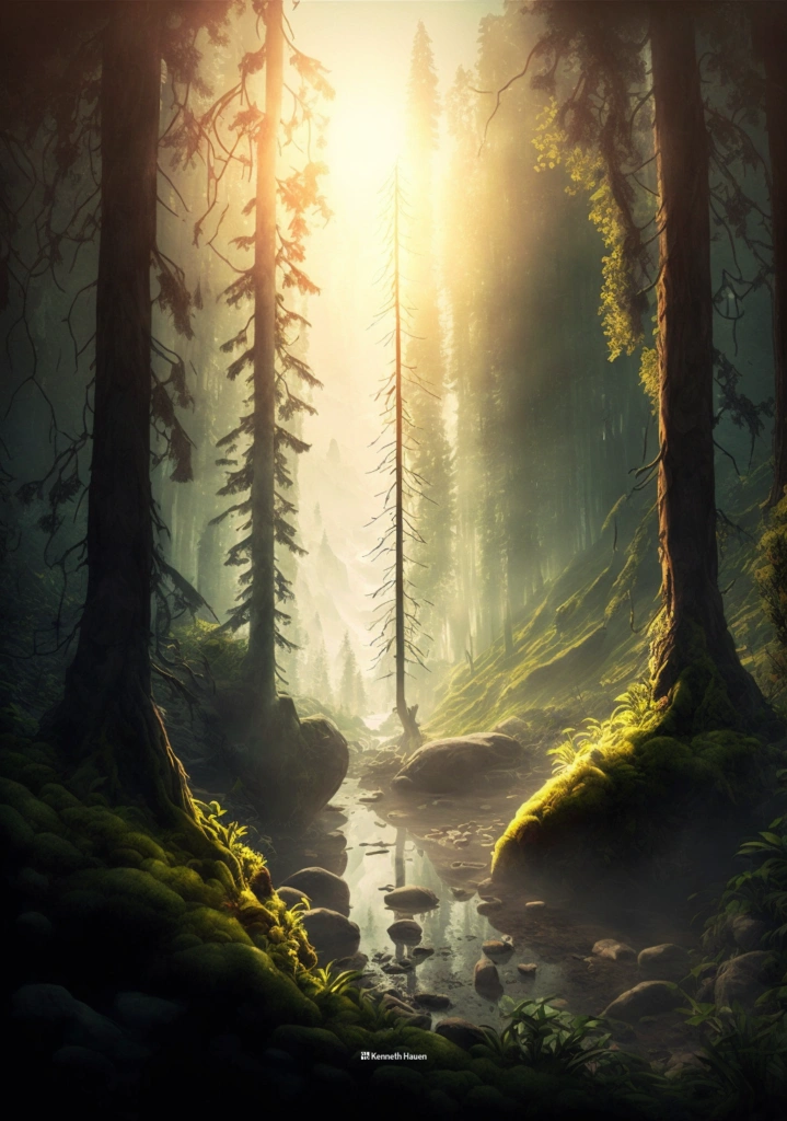 Digital Art - Magical forrest, with a stream of water, running though an ancient forrest - Episode 8